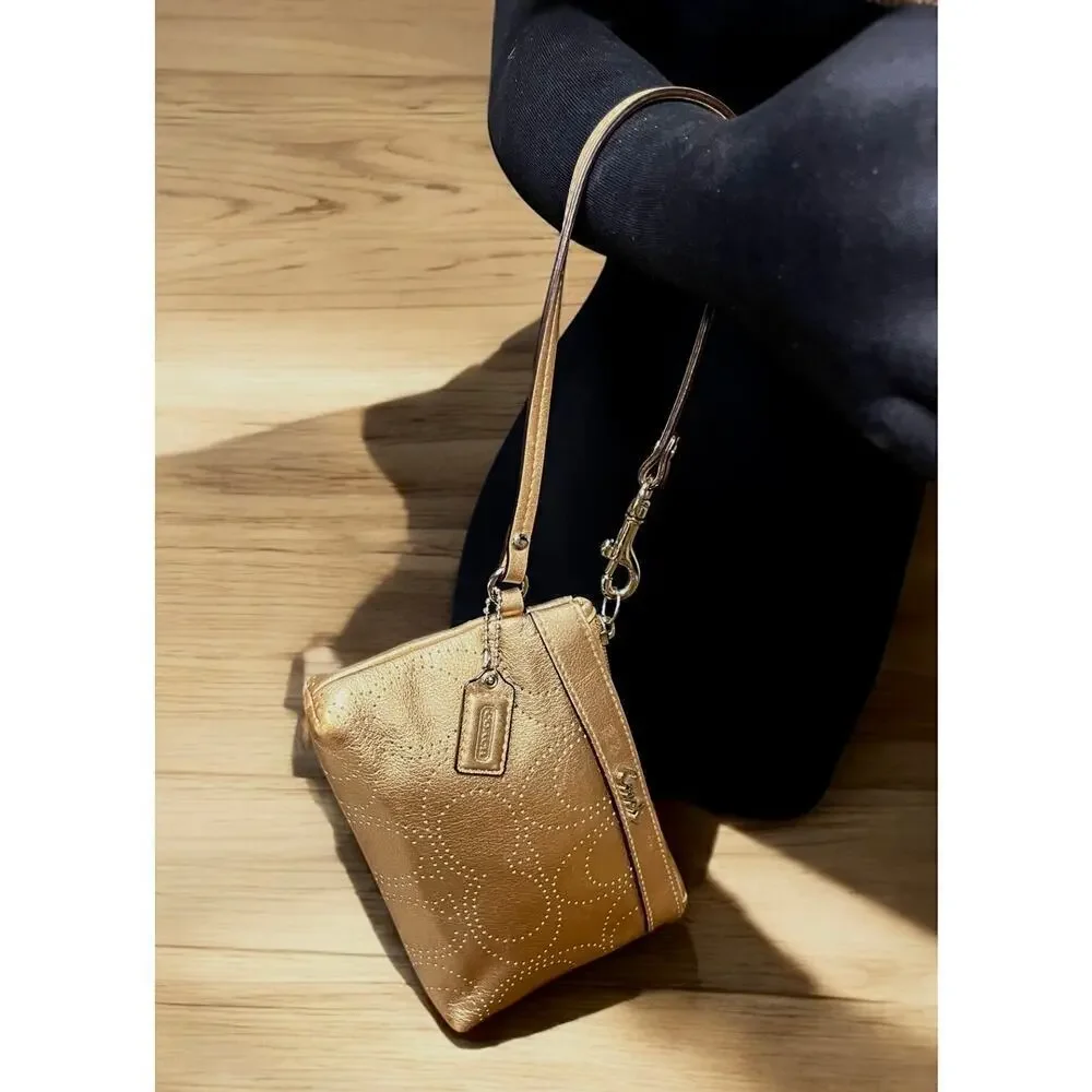 Coach Metallic Bronze Leather Perforated Wristlet